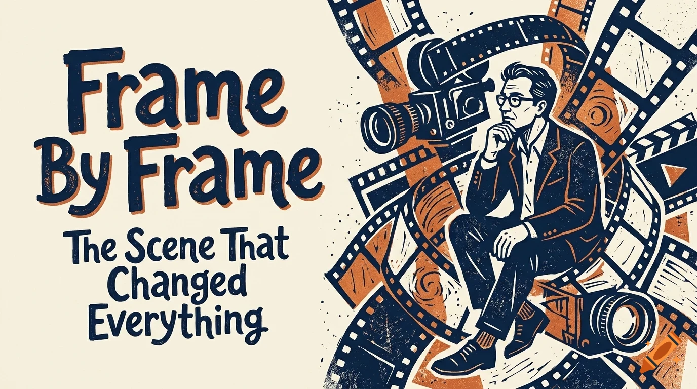 An illustration of a person sitting near film strips and a vintage movie camera, with the text Frame By Frame The Scene That Changed Everything.
