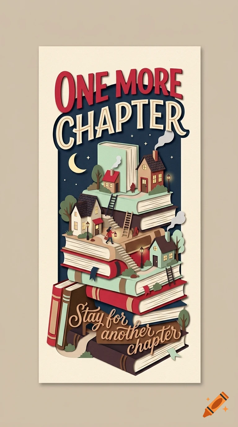 An illustration of a stack of books with tiny houses, ladders, and stairs, featuring the text "One More Chapter" and "Stay for another chapter".