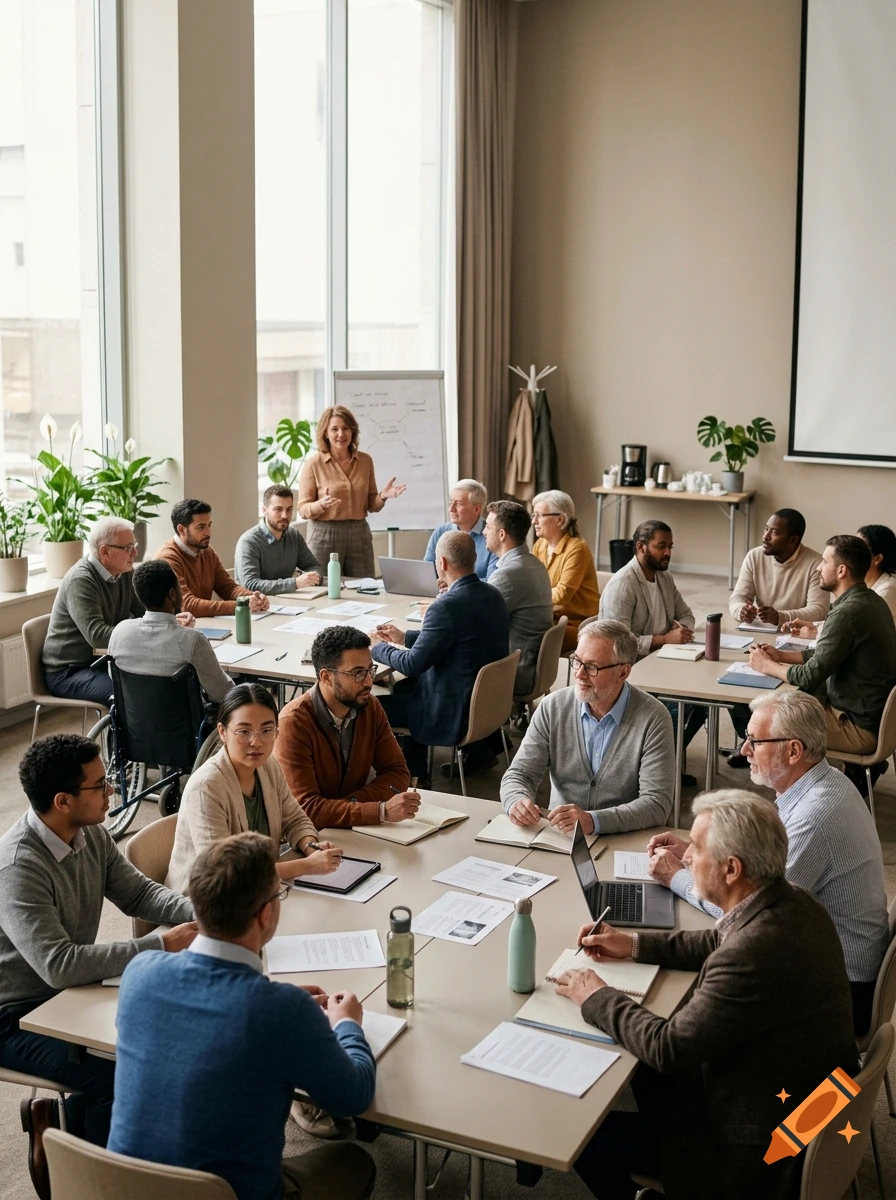Diverse group of adults attending a workshop in a bright conference room, sitting around a table.