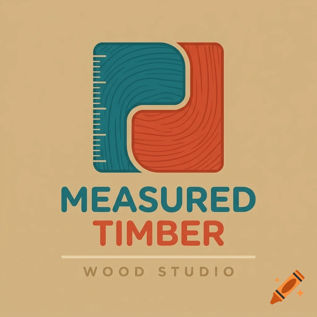 A logo for Measured Timber Wood Studio featuring a yin-yang style icon with a blue ruler shape and a red wood-grain shape, with text below.