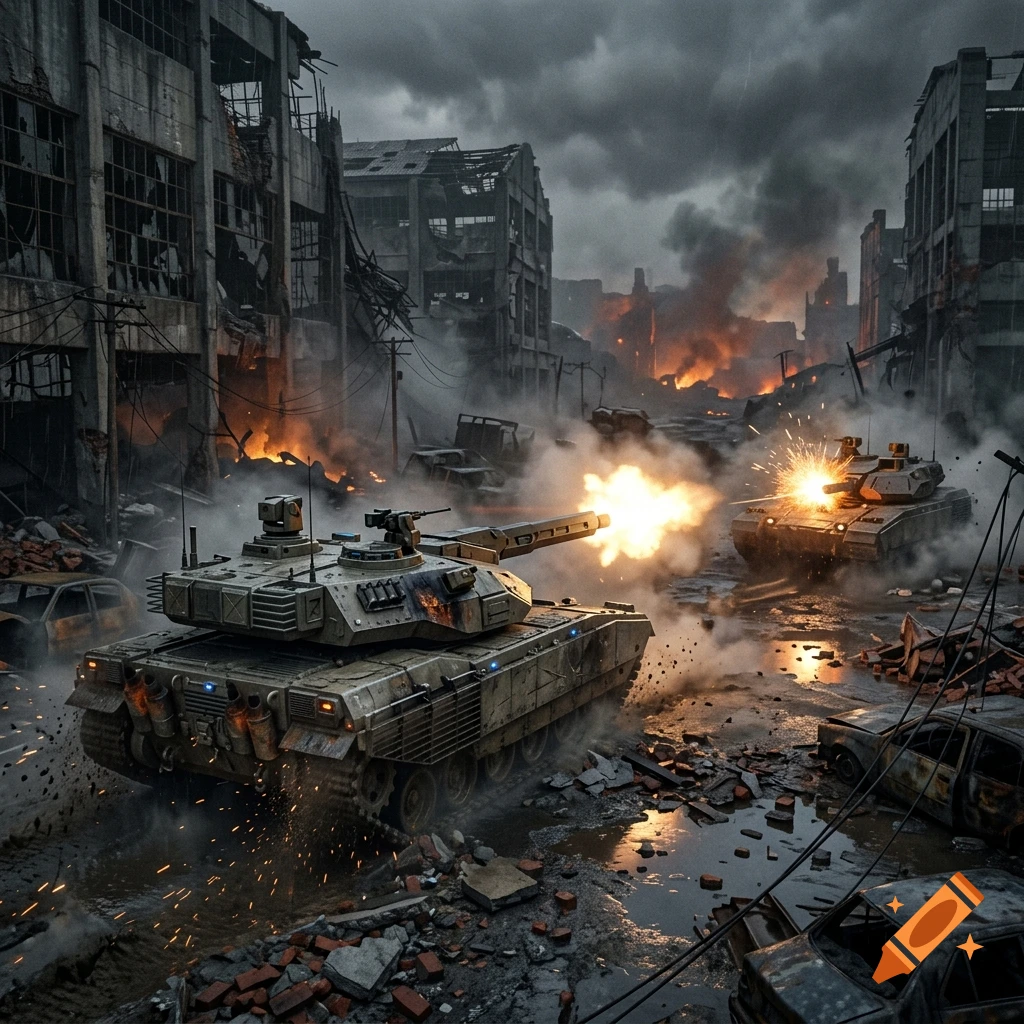 Photorealistic scene of futuristic tanks in active combat amidst a destroyed, smoke-filled city under a dark, cloudy sky.