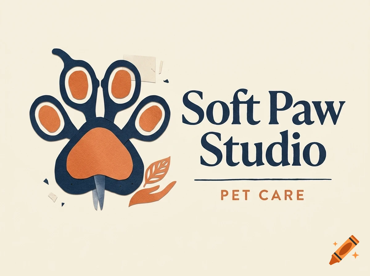 A logo featuring a paw print made of scissors and paper cutouts with the text Soft Paw Studio Pet Care.