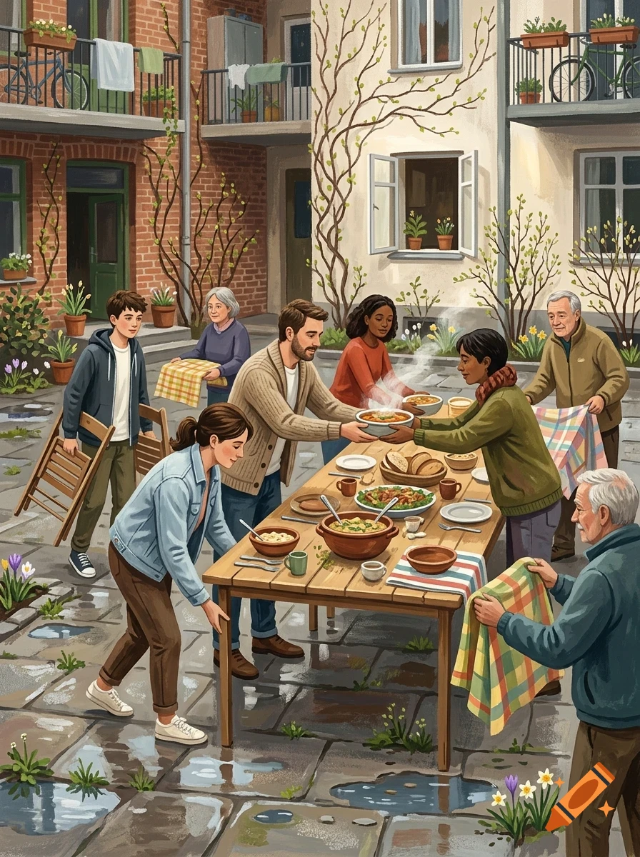 A diverse group of people gather around an outdoor table in a courtyard to prepare and share a meal, with some setting chairs and holding tablecloths.
