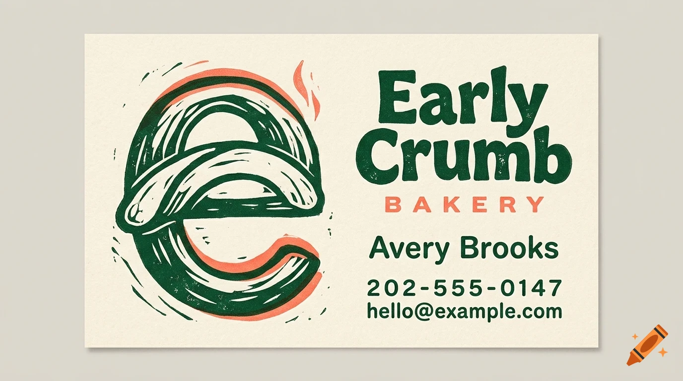 A business card for Early Crumb Bakery with a stylized green 'e' logo and contact information.