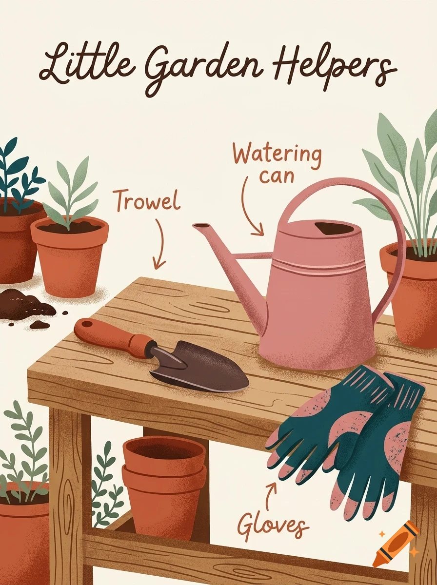 An illustrated diagram showing gardening tools and potted plants on a wooden table, with labels pointing to a trowel, watering can, and gloves.