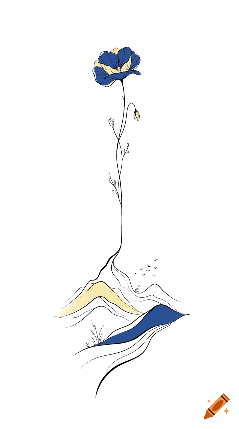 Minimalist line art illustration of a tall flower growing from rolling hills with small birds flying in the background, in blue, yellow, and black.