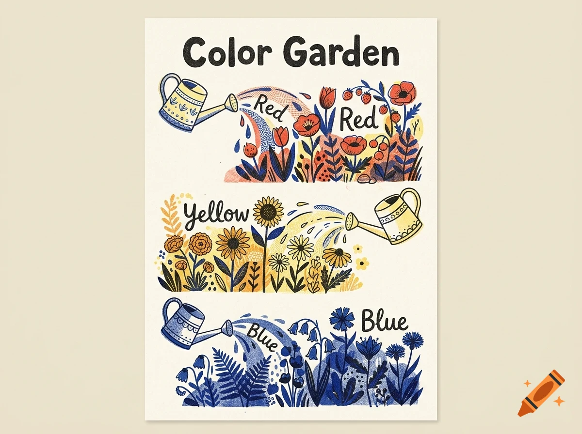 An educational poster titled Color Garden showing three rows of flowers in red, yellow, and blue being watered by watering cans.