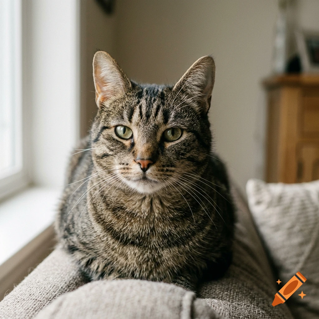 Close-up photorealistic shot of a tabby cat resting on a couch cushion indoors.