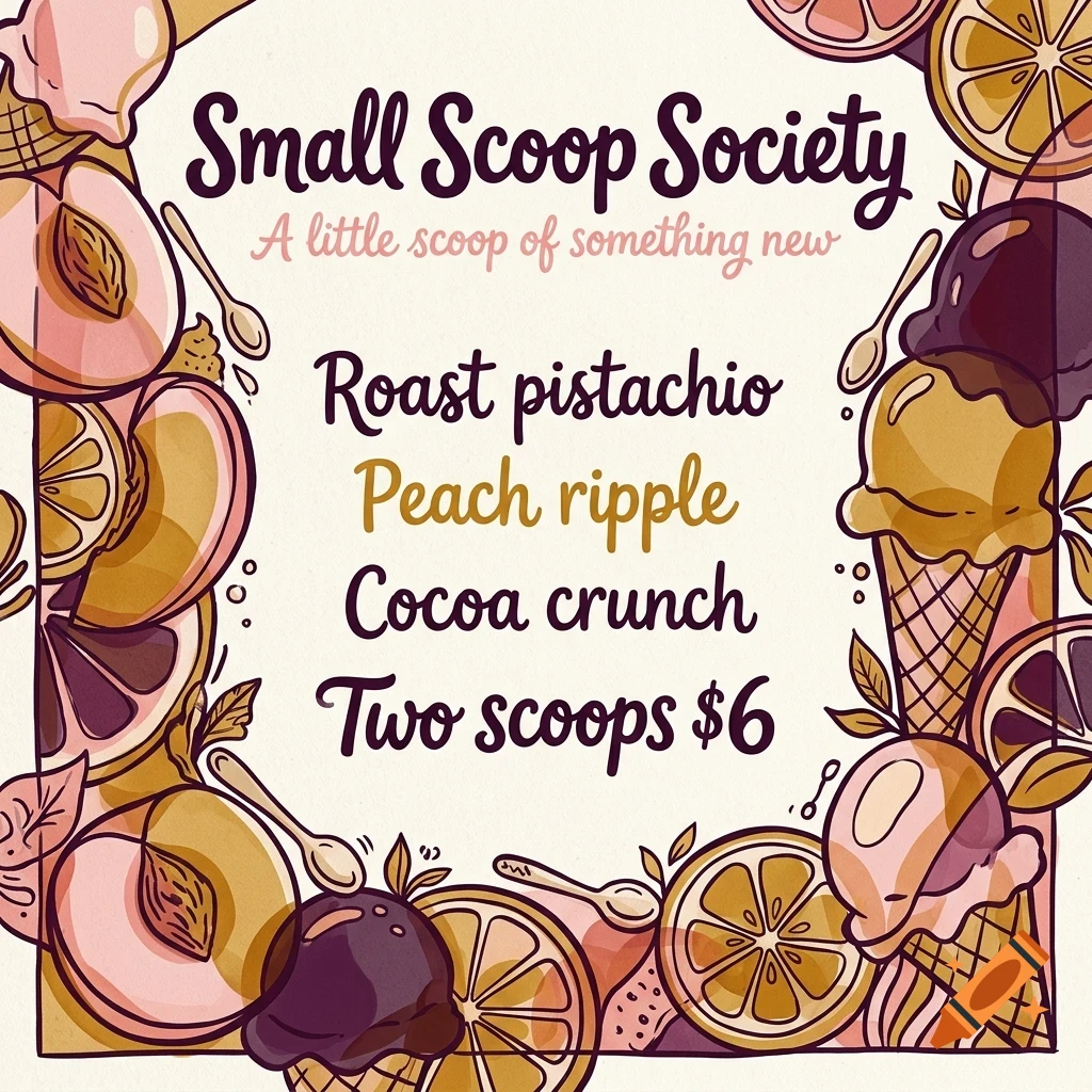 An illustration with text reading Small Scoop Society surrounded by a border of ice cream cones, fruit slices, and spoons.