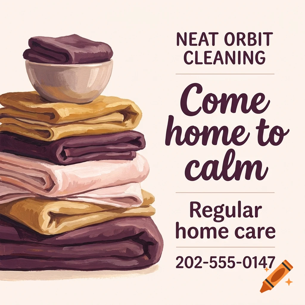 An illustrated poster featuring a tall stack of folded towels and a bowl on top, alongside the text Neat Orbit Cleaning.