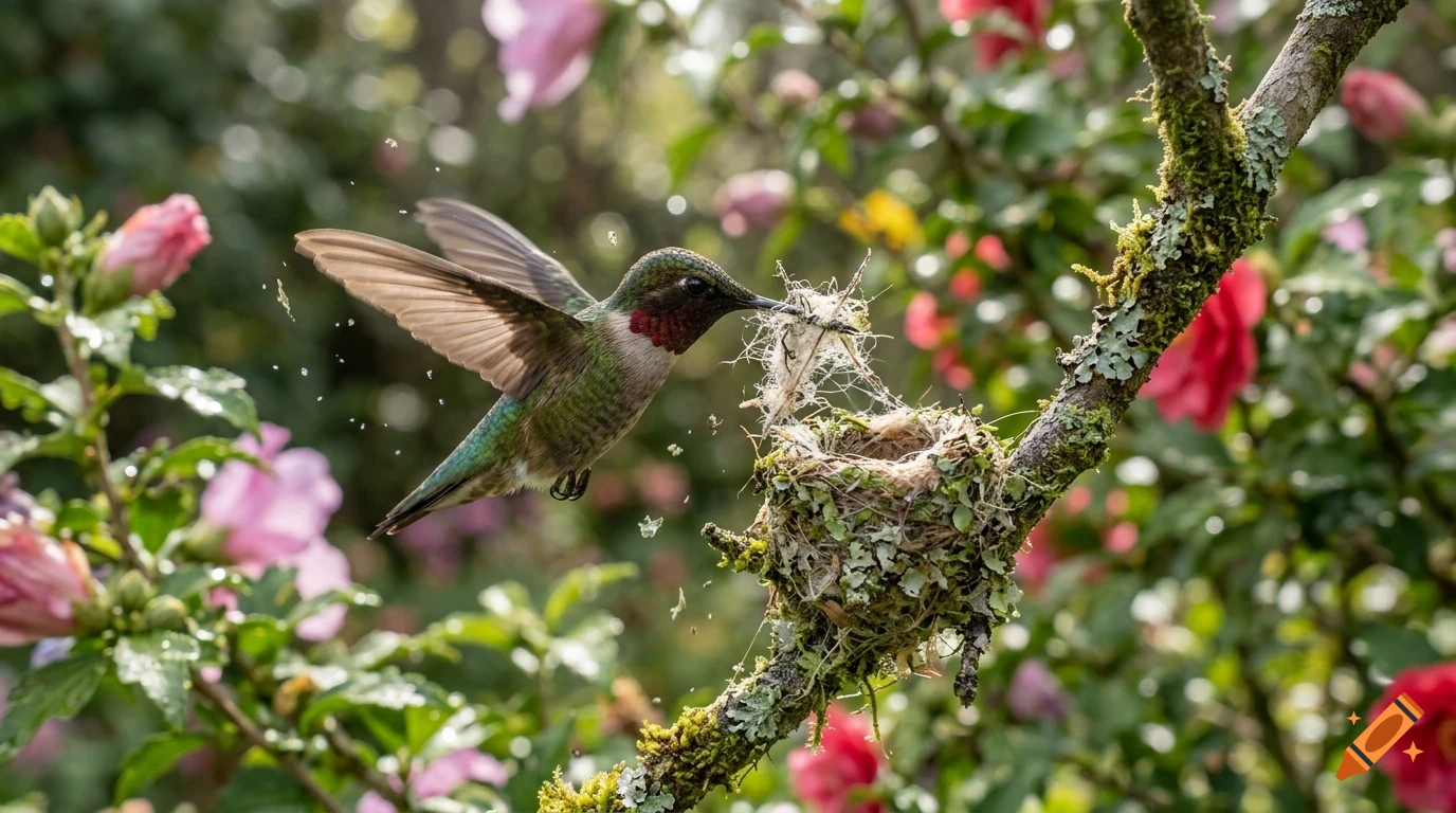 A hummingbird hovers near a tiny nest on a branch surrounded by pink flowers.