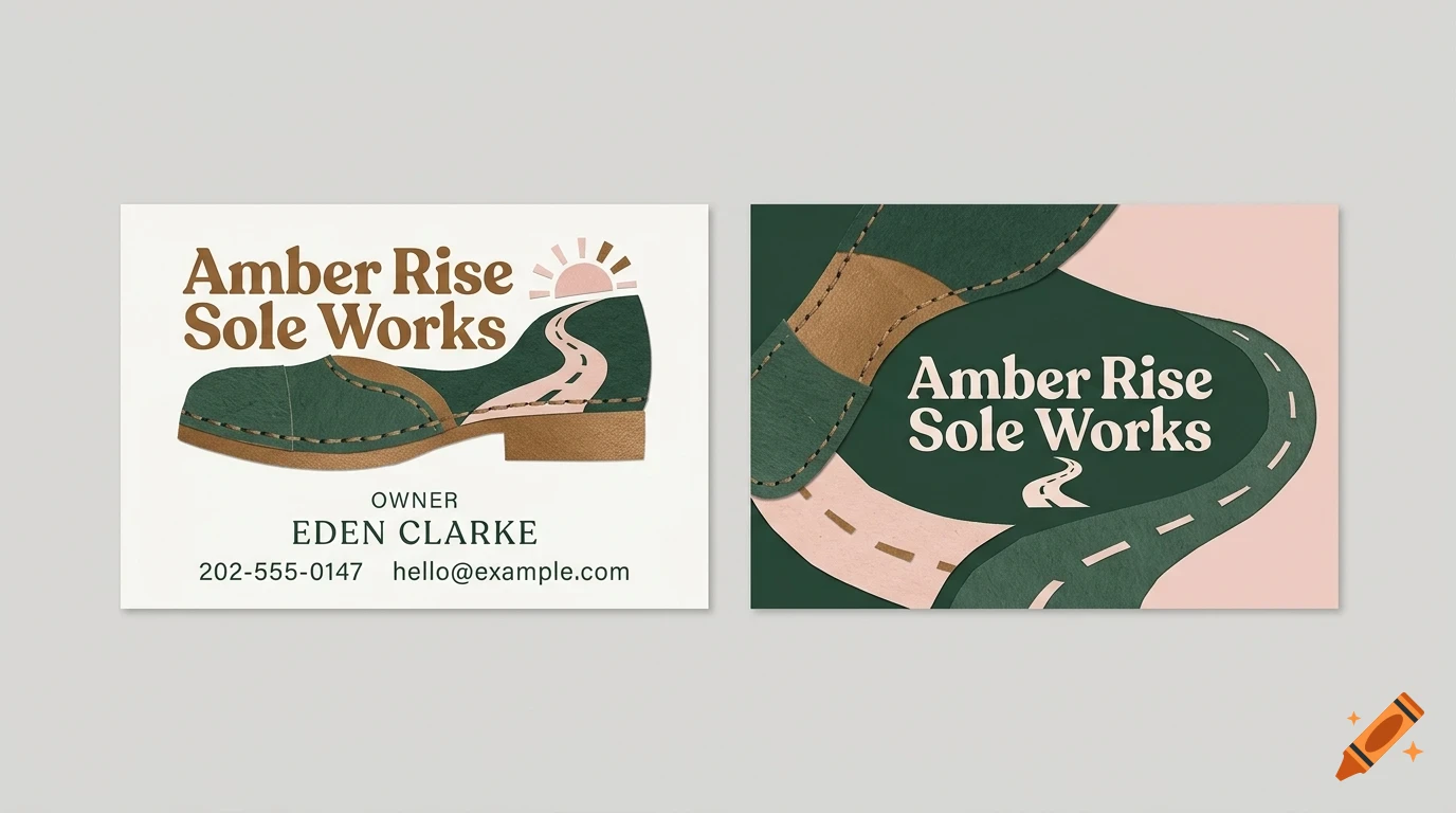 Two business cards for Amber Rise Sole Works featuring green shoe designs, a winding road graphic, and lettering.