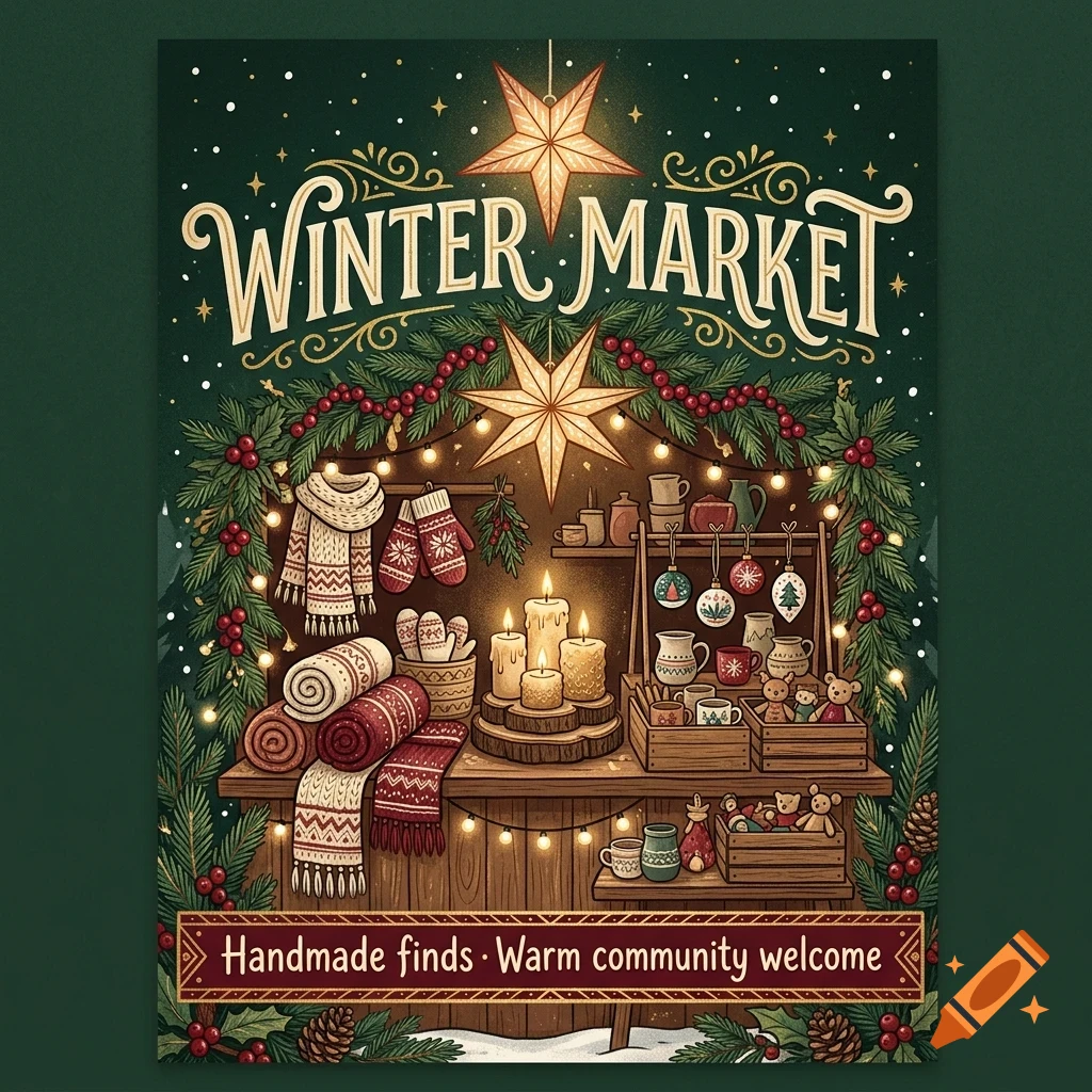 An illustrated poster for a Winter Market featuring festive stalls with candles, knitwear, and ornaments under a starry sky.