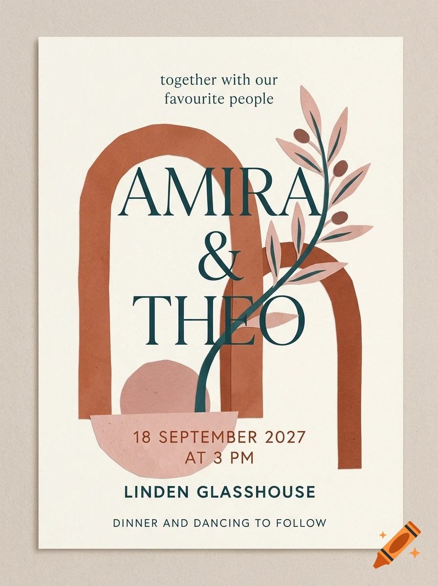 An abstract wedding invitation card with terracotta arches, a pink potted plant graphic, and dark text reading Amira and Theo.