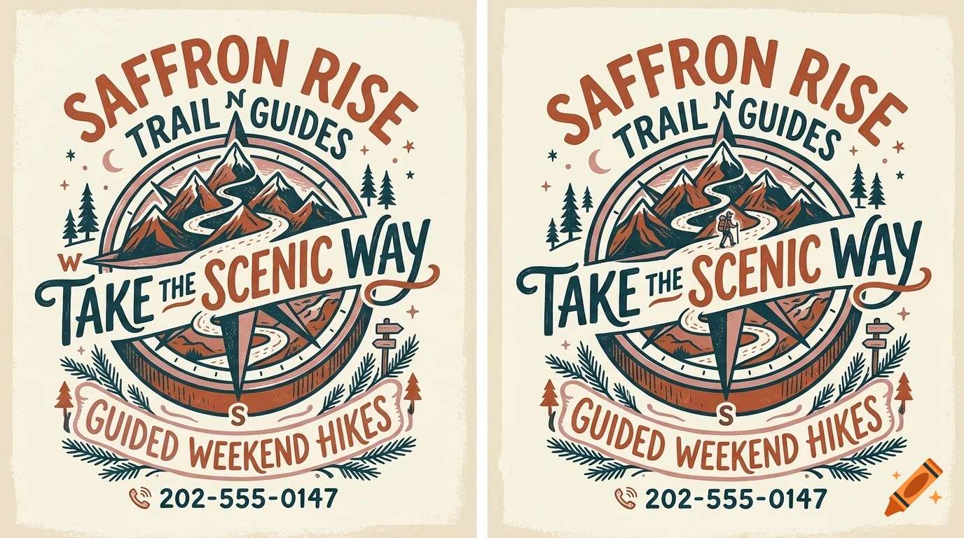 An illustrated retro poster design featuring mountains, a compass, evergreen trees, and lettering that reads Saffron Rise Trail Guides.