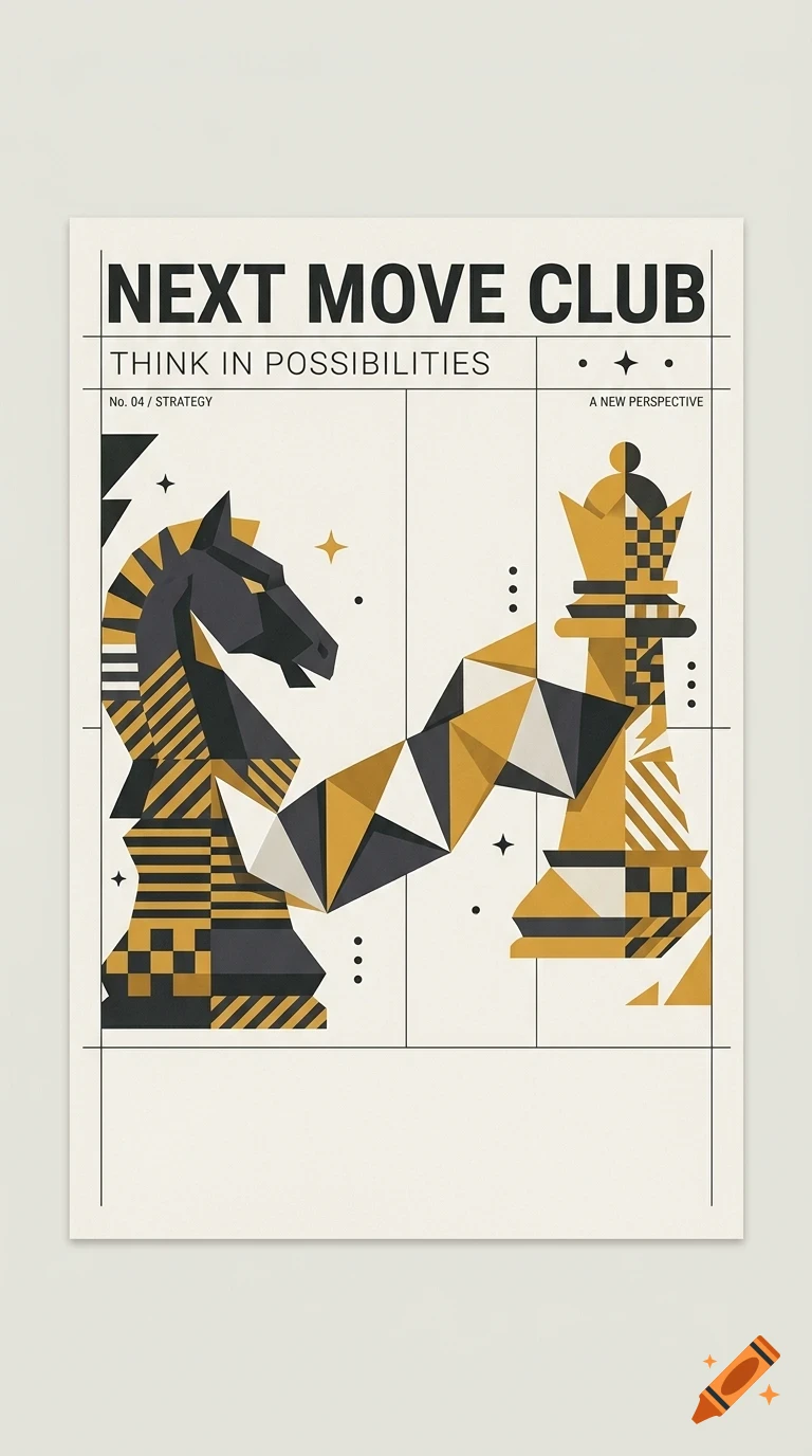 A poster with abstract geometric chess pieces, a knight and a queen, and the text Next Move Club.