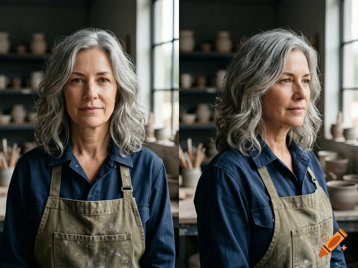 Two portraits of a mature woman with wavy gray hair, wearing a dark blue shirt and an apron, standing in a pottery workshop.