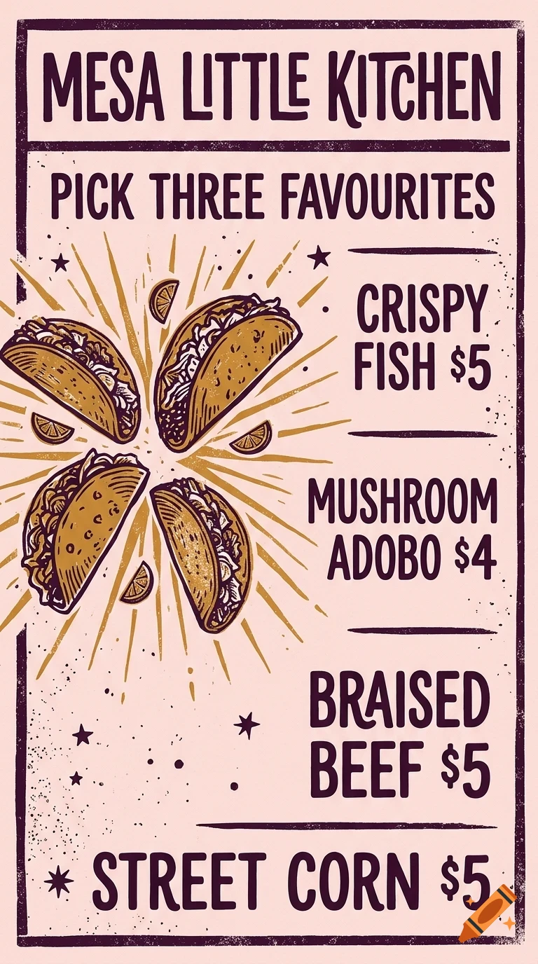 An illustrated menu for Mesa Little Kitchen featuring tacos and prices.