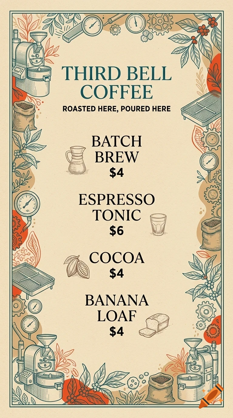 An illustrated coffee shop menu with a border of coffee beans, leaves, and roasting equipment, displaying prices and items like batch brew and espresso tonic.