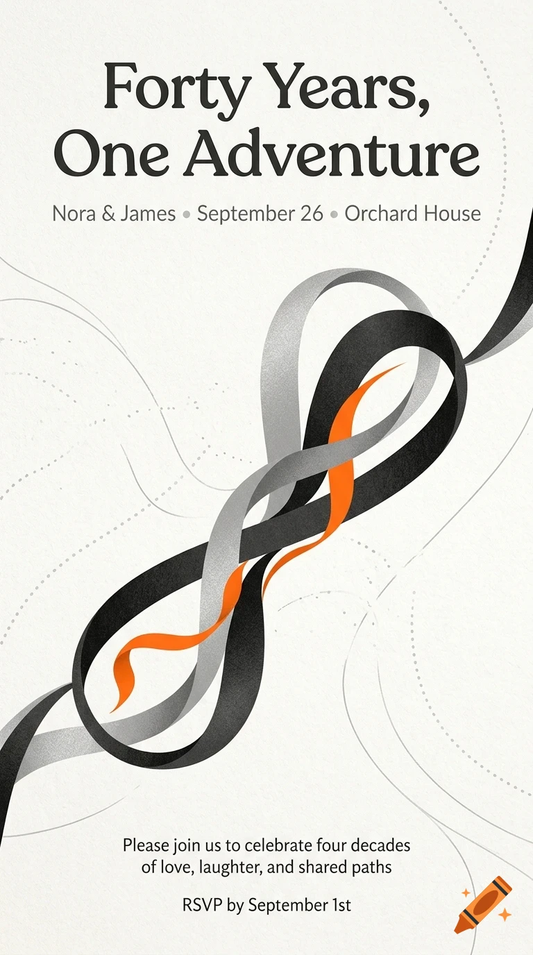 An anniversary invitation featuring intertwining black, grey, and orange ribbons forming an infinity symbol, with elegant typography.