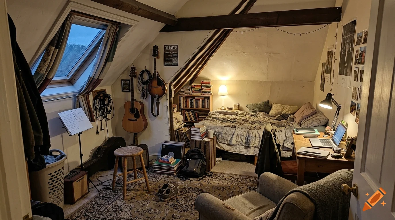 A cozy, cluttered attic bedroom and studio space with a bed, desk, guitars, books, and a skylight.
