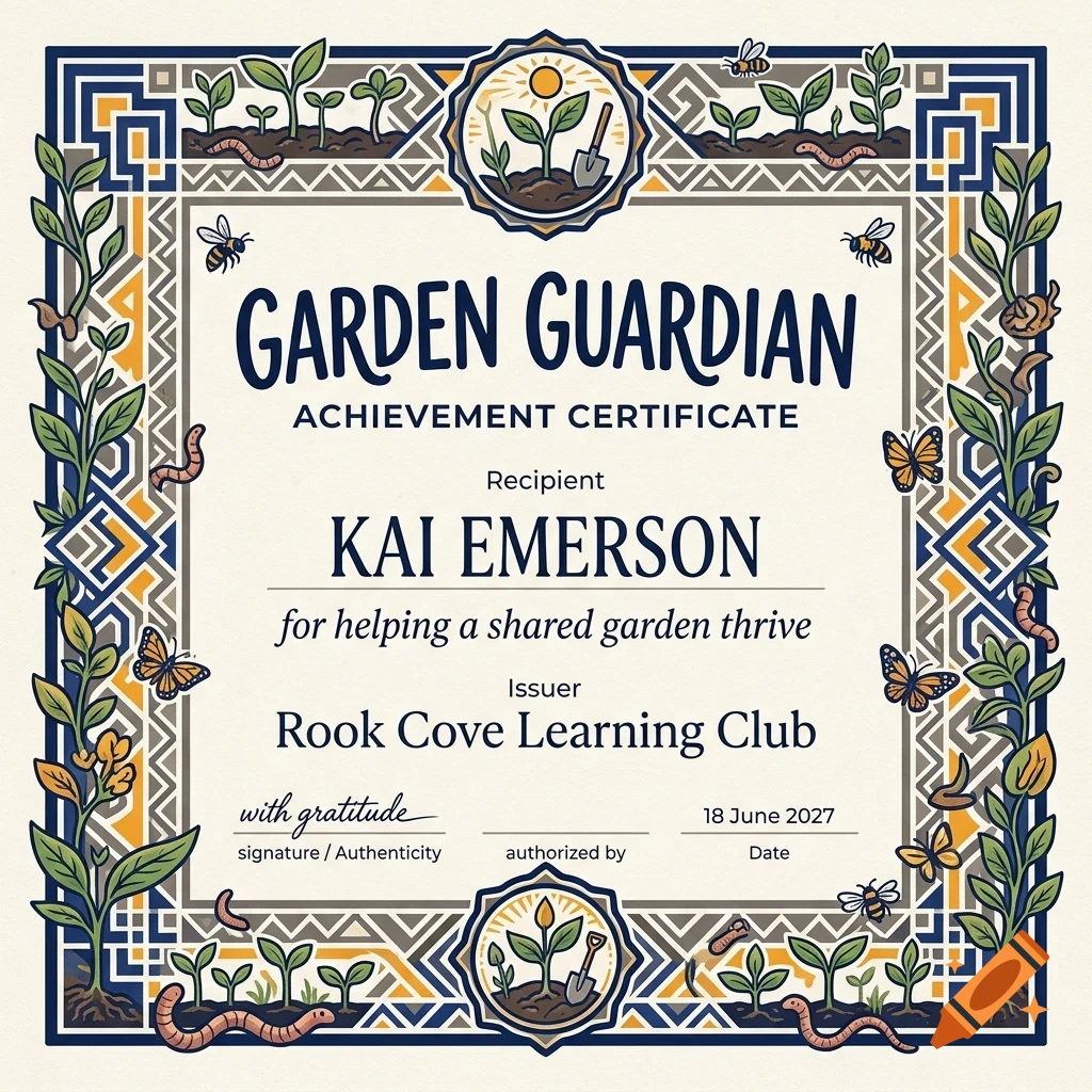 An achievement certificate titled Garden Guardian with decorative borders featuring plants, insects, and geometric patterns.