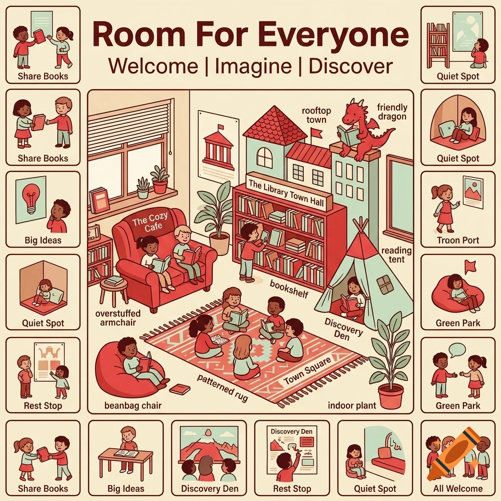 An illustrated educational poster titled Room For Everyone depicting children reading and sharing books in a cozy library or classroom setting with labels.