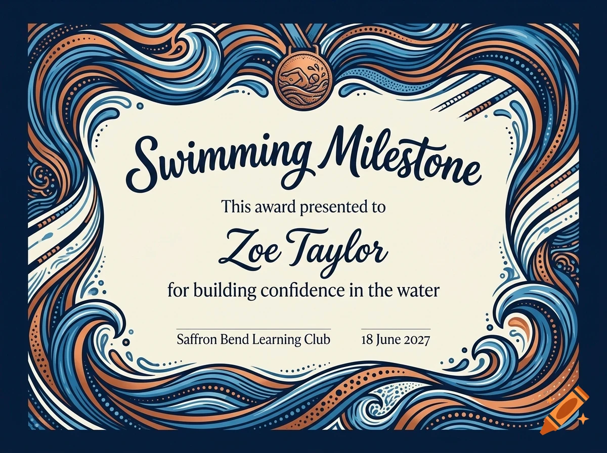 An ornate certificate with blue and bronze wave borders, reading Swimming Milestone presented to Zoe Taylor.