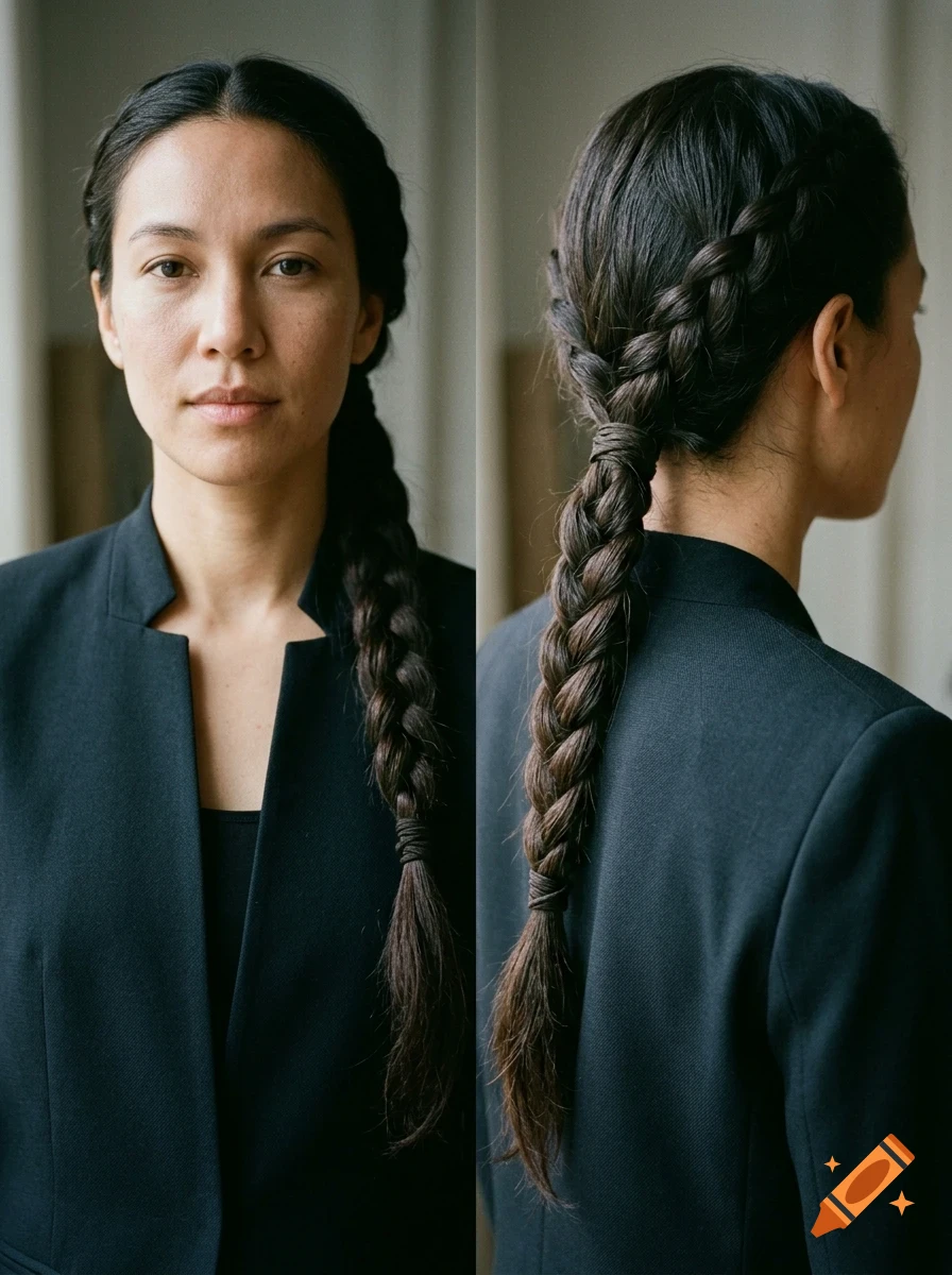 Front and back views of a woman with dark hair styled in a side braid, wearing a black jacket.