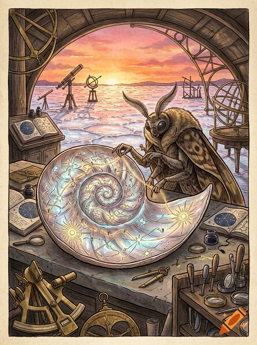 An anthropomorphic moth in a workshop inspects a glowing spiral shell map with constellations, with telescopes and nautical instruments visible.