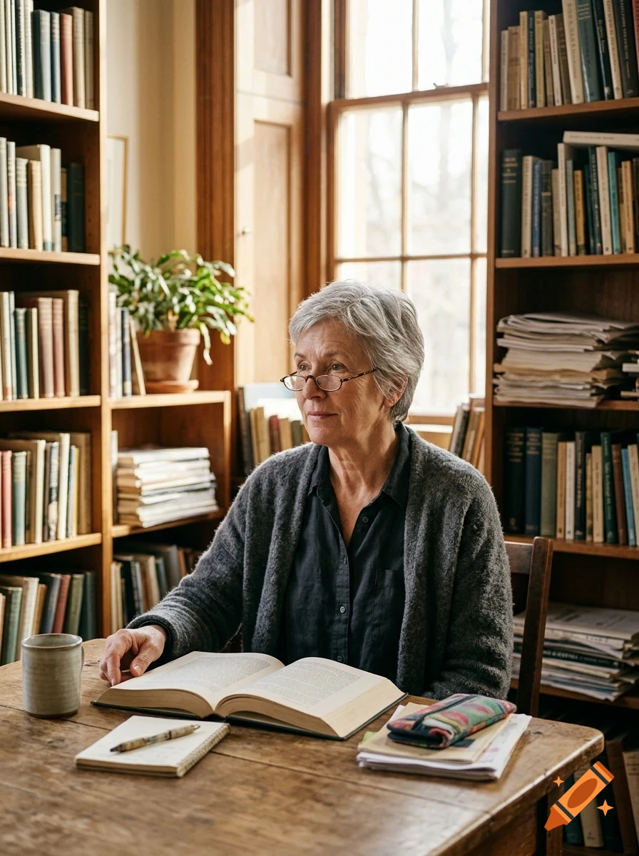 An older woman with short grey hair and glasses sits at a wooden desk reading a book in a library setting with bookshelves.