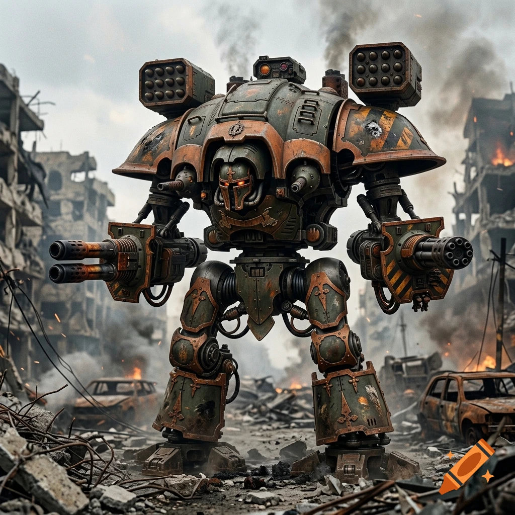 A large, heavily armored mech standing in a war-torn city filled with rubble and burning cars.