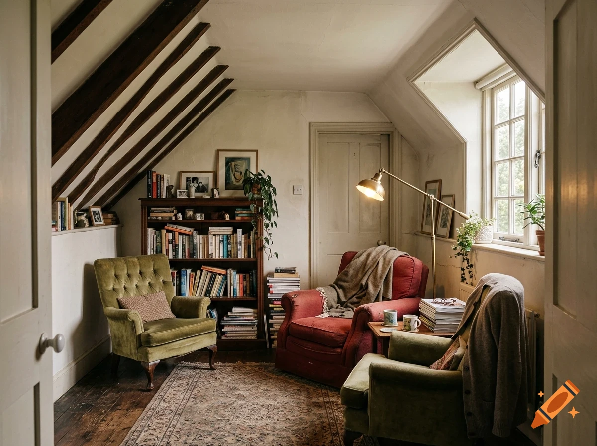 Cozy attic interior featuring slanted wooden beams, a bookshelf filled with books, armchairs, and a lit floor lamp.