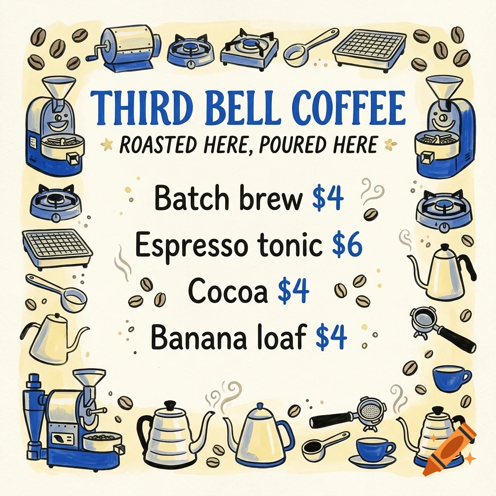 An illustrated menu for Third Bell Coffee with pricing for batch brew, espresso tonic, cocoa, and banana loaf, surrounded by coffee-making equipment icons.