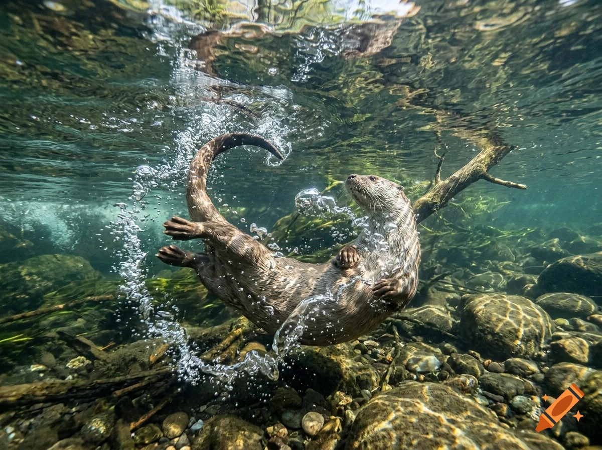 An otter swimming underwater, surrounded by bubbles in a clear river with a rocky bottom.