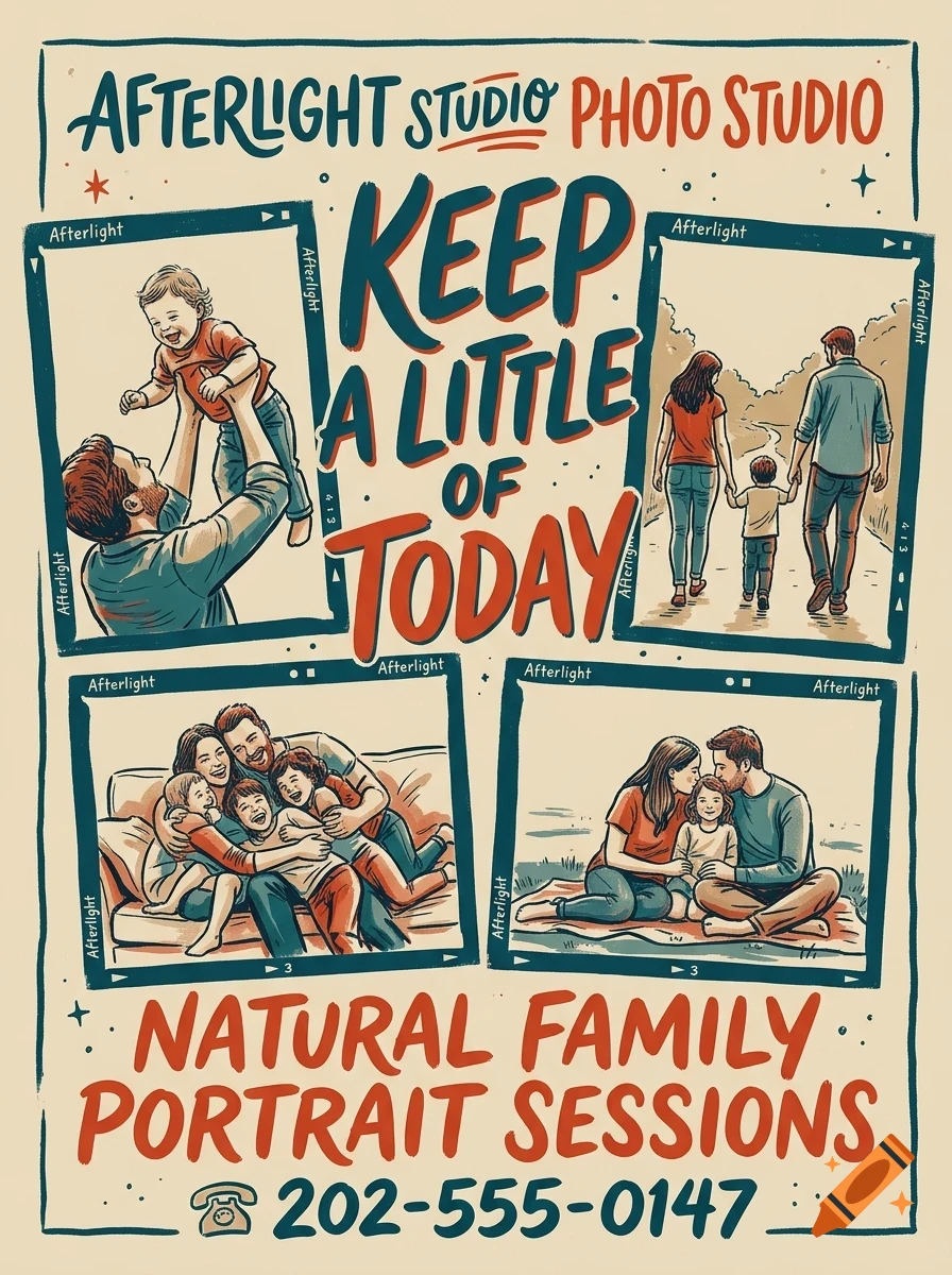 A poster featuring family photo illustrations, the text KEEP A LITTLE OF TODAY, and studio details.