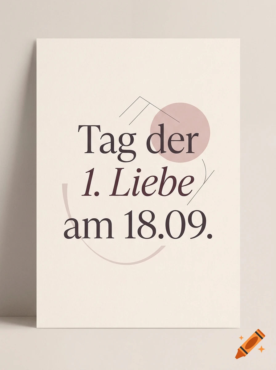 Minimalist poster with the text Tag der 1. Liebe am 18.09., geometric shapes, and soft pink tones.