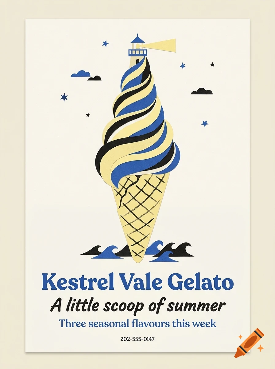 A poster depicting a soft-serve ice cream cone shaped like a lighthouse with waves and stars, featuring the text Kestrel Vale Gelato.