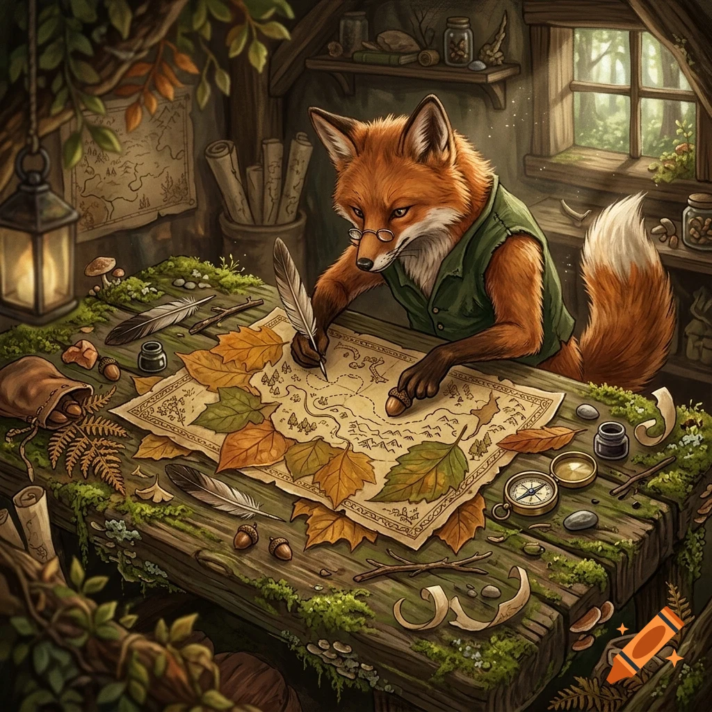 An anthropomorphic fox wearing glasses and a green vest sits at a rustic wooden desk, using a feather quill to draw or write on a map.