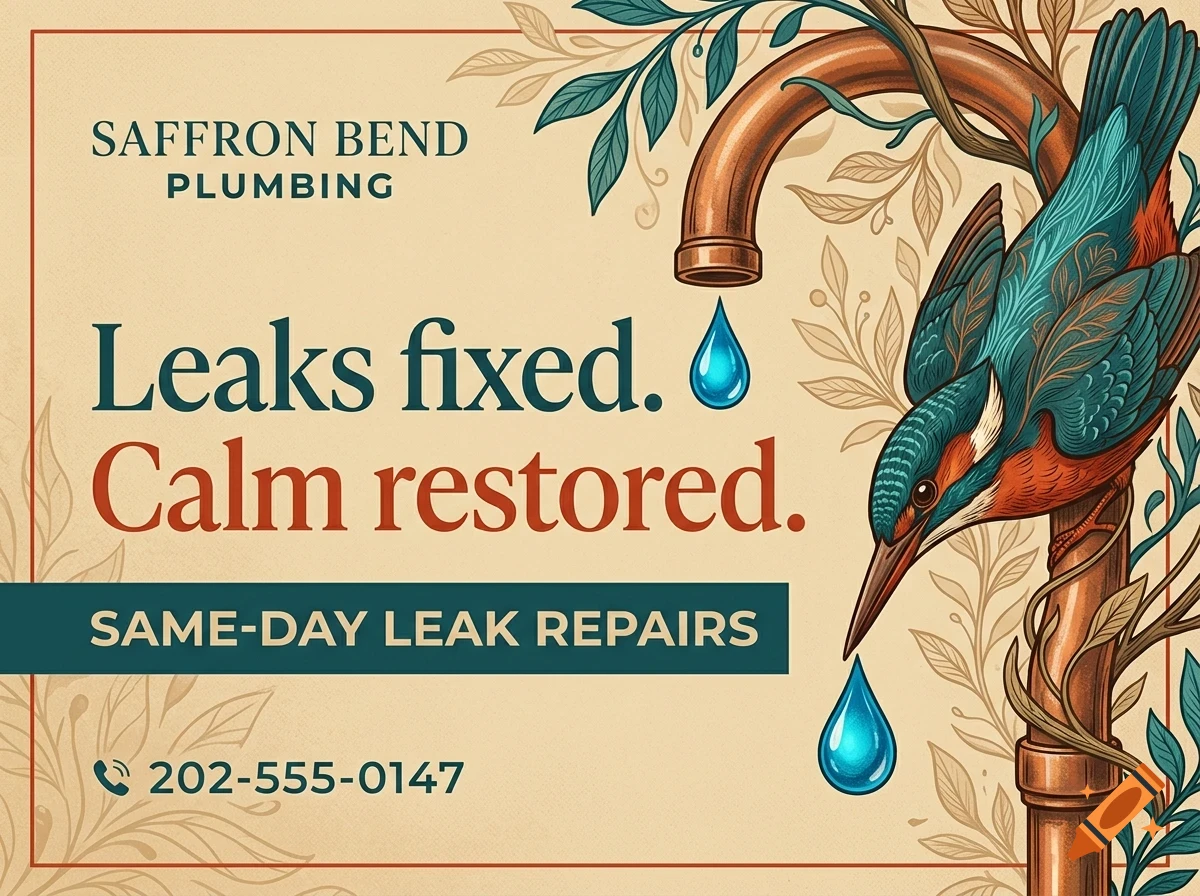 An advertisement for Saffron Bend Plumbing featuring an illustrated kingfisher bird perched on a copper pipe with water droplets, leaves, and text.