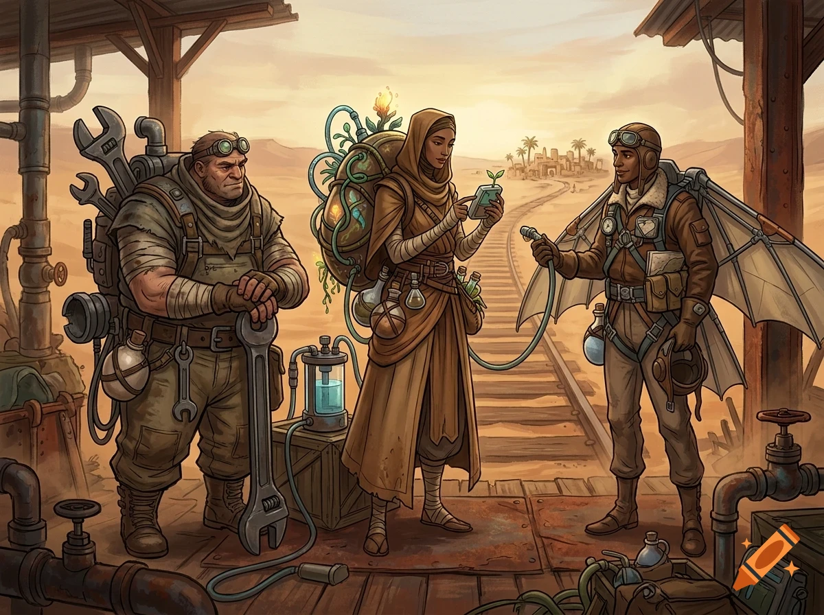 An illustration of three fantasy adventurers with mechanical gear standing near train tracks in a desert outpost at sunset.