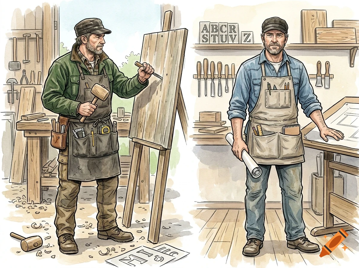Illustration of a carpenter working in a woodshop, carving wood on the left and standing by a drafting table on the right.