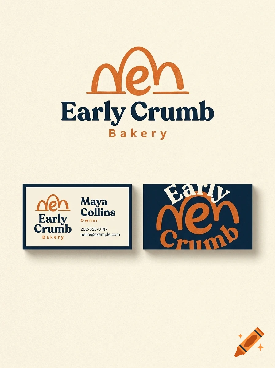 Branding design for Early Crumb Bakery featuring logo and business cards with orange and navy blue typography.