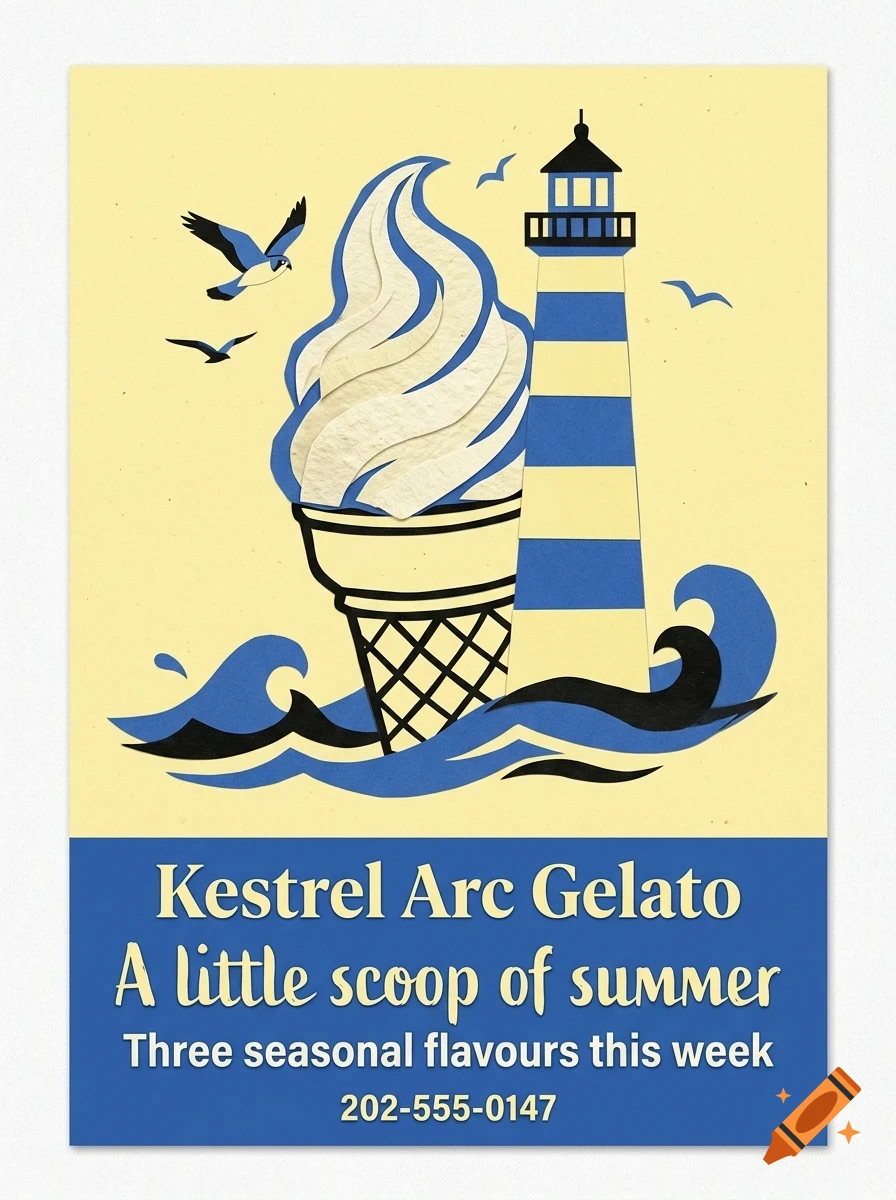 An illustrated poster featuring a large ice cream cone, a lighthouse, ocean waves, and flying birds against a pale yellow background, with text at the bottom.