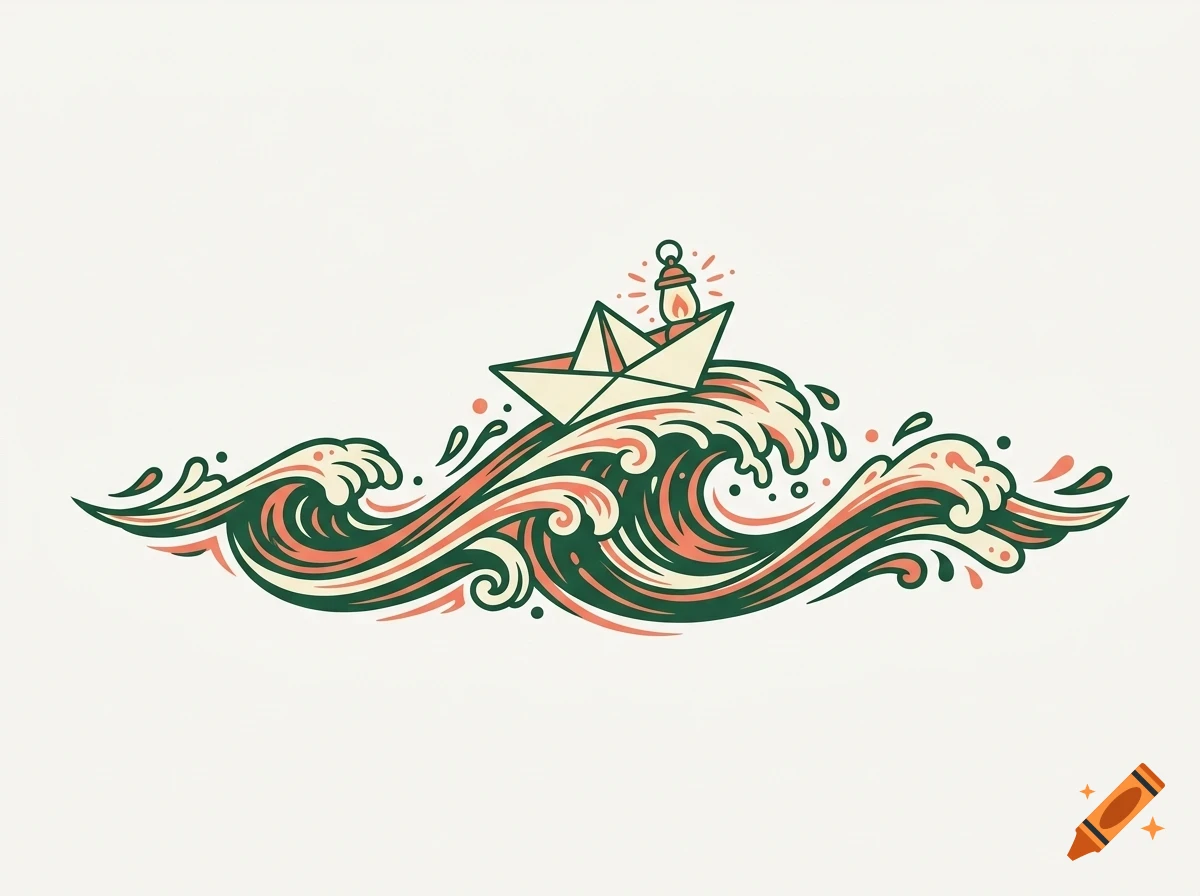An illustration of a small paper boat with a tiny lantern sailing on stylized green and orange ocean waves.