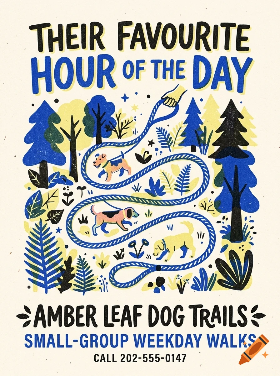 An illustrated poster depicting three dogs on leashes walking through a forest, with bold text reading 'Their favourite hour of the day' and 'Amber Leaf Dog Trails'.