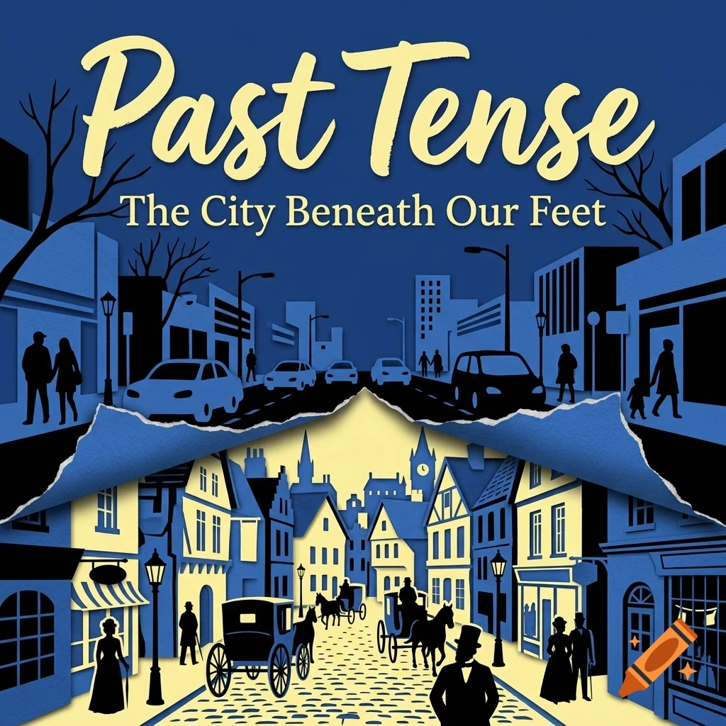An illustrated book cover titled Past Tense, The City Beneath Our Feet, showing a modern city street being torn away to reveal a historic town underneath.