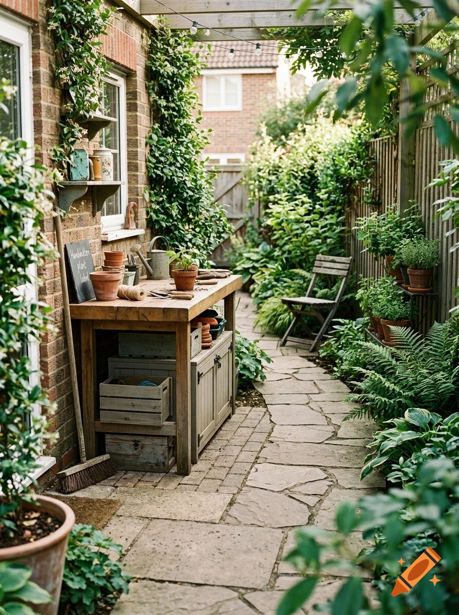 A narrow garden path made of stone slabs running alongside a brick house wall, featuring a wooden potting bench, potted plants, and lush green foliage.