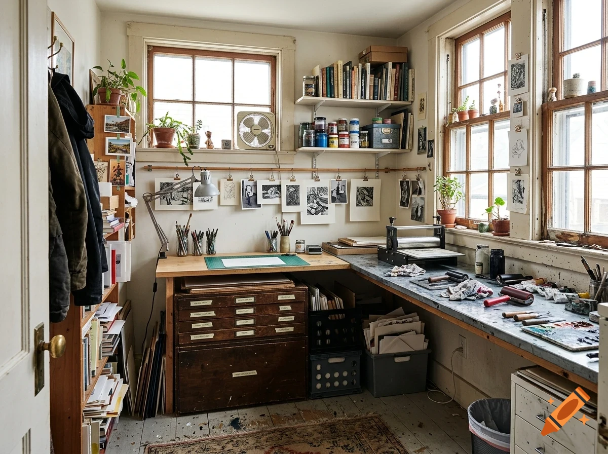 An artist's studio interior with a wooden desk, shelves filled with books and supplies, and natural light from large windows.
