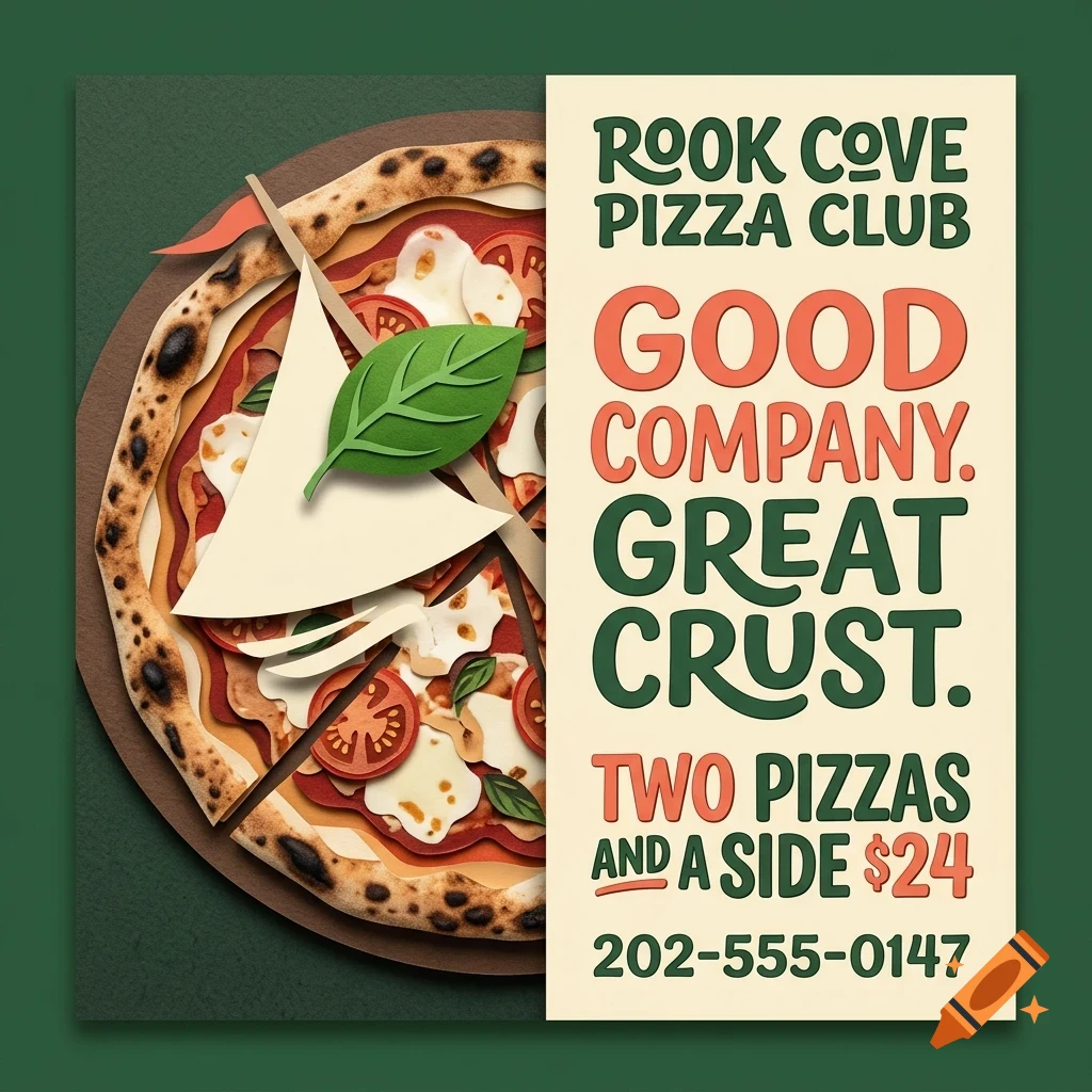An advertisement for Rook Cove Pizza Club featuring an illustrated pizza and promotional text.